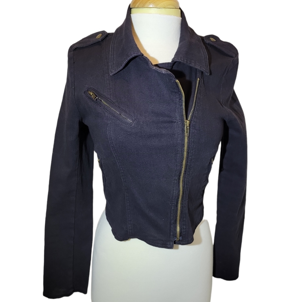Black Wash Denim Moto Jacket with Gold Zippers and Embellishments  Medium Jean